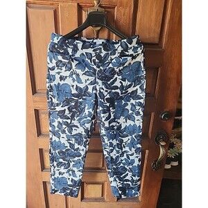 Linda Matthews Pull On Ankle  Pants  Size 12   Floral Dark Blue Print